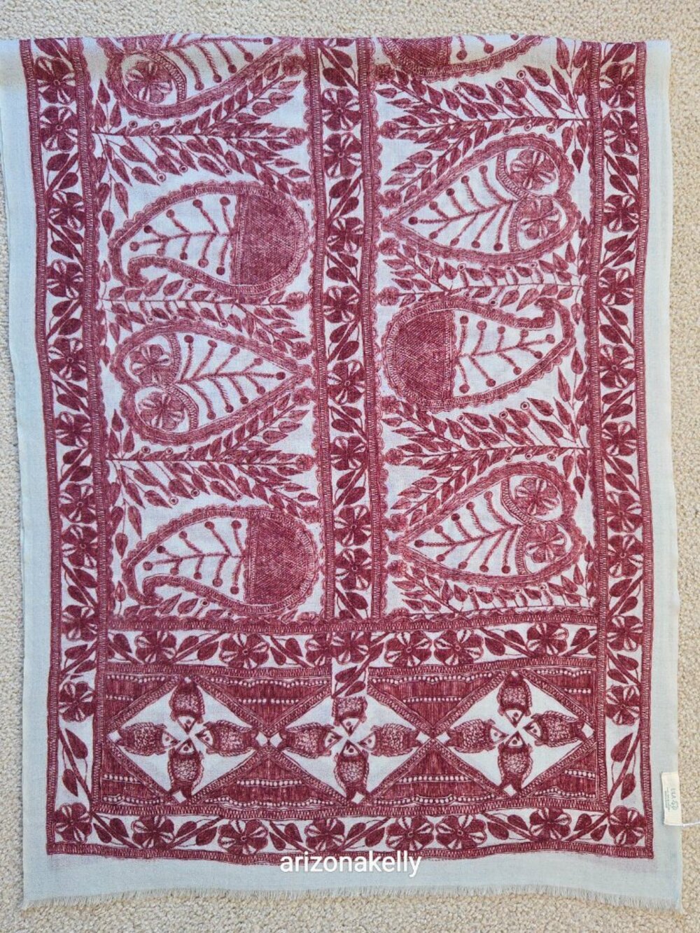 NWOT Lila Wool Lightweight Scarf With Fish Design Burgundy - Picture 7 of 15